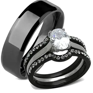 Edwin Earls His Hers Women and Men 4 Piece Cubic Zirconia Wedding Engagement Ring Set Black Stainless Steel Band