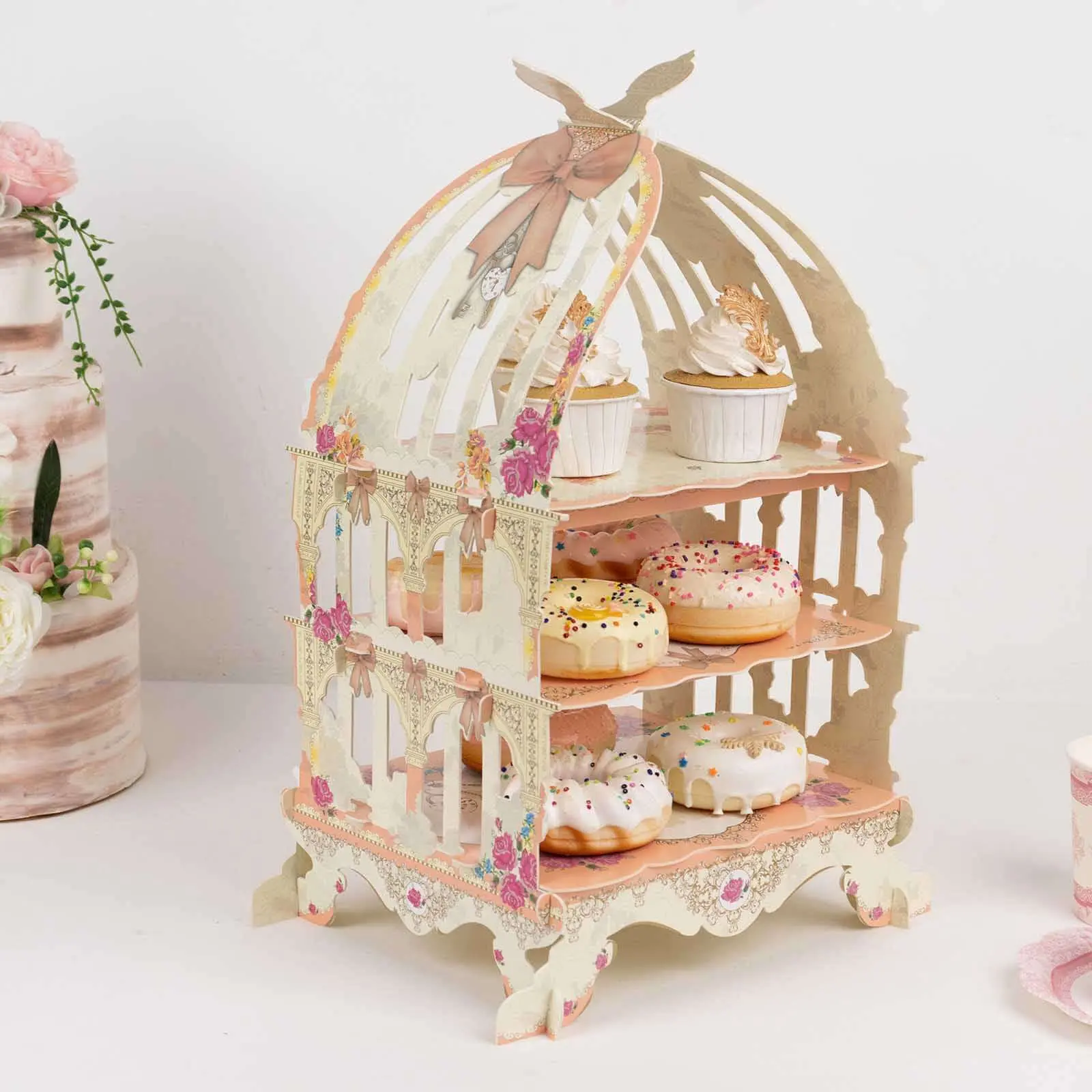 18in Birdcage-Style 3-Tier Cardboard Cupcake Holder Set, White/Blush Pink Floral Print Sturdy Tiered Stand for Home & Party Supplies, Dessert Decoration, Birthday, Baby Shower