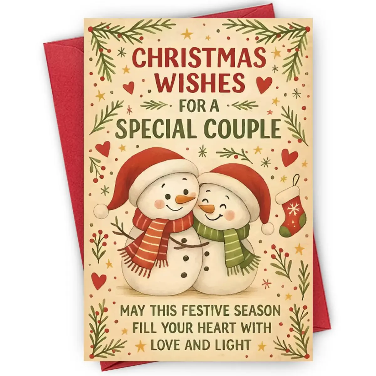 1PC Vintage Christmas Greeting Card, Special Couple Snowman Design, "Christmas Wishes For A Special Couple" Card, Ideal for Romantic Partners Holiday Season Love & Light Wishes