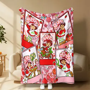 Strawberry Shortcake Flannel Throw Blanket, Sweet Strawberry Girl & Cat Design, Cartoon Pattern Blanket, Soft Lightweight Cozy, child Room Sofa Decor, Nostalgic Gift Suitable for all four seasons A gift suitable for fans, friends and children