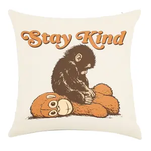 Punch Monkey "Stay Kind" Vintage Monkey Hugging Throw Pillowcase,Emotional Support Animal Lover Gift,Cute Monkey & Plush Toy Print Cushion Case Cover Throw Pillow Single-sided printing Linen Material ,no pillow insert,Bedroom Sofa Decorations.