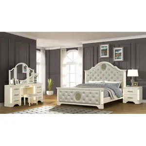 Bellemave JASMINE Queen 4-Pc Unique LED Wood Vanity Bedroom Set, Beige Indoor Furniture Set