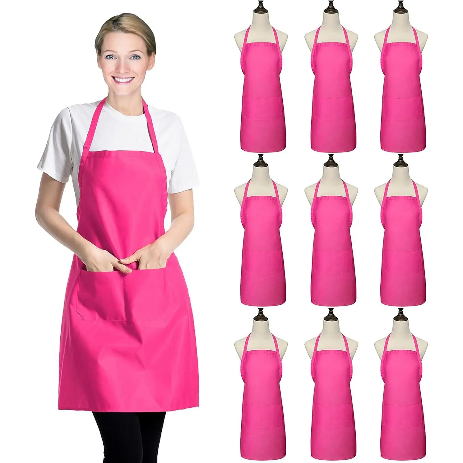 9 Pack Pink Apron for Women Adult Girls Ladies with Pockets - Bib Kitchen Aprons Bulk for Cooking Painting BBQ Grilling Baking (9 Pack, Pink)