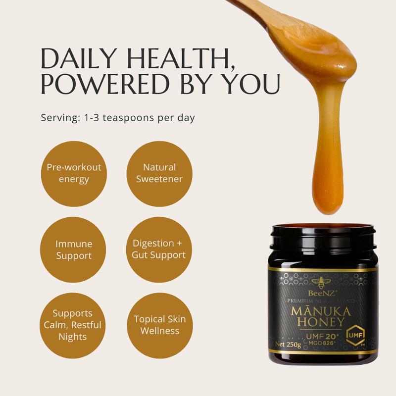 BeeNZ Raw Manuka UMF20+ (MGO 826+) Honey - Pure New Zealand Manuka Honey, No Sugar Added, Natural Sweetener & Superfood for Wellness, Immunity and Skin Care Support - Bold earthy mineral flavor. Healthy