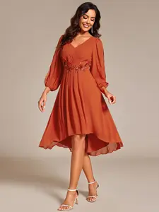 Ever-Pretty   Long Sleeves Waist Applique A-Line Midi Chiffon Wedding Guest Dress 02926