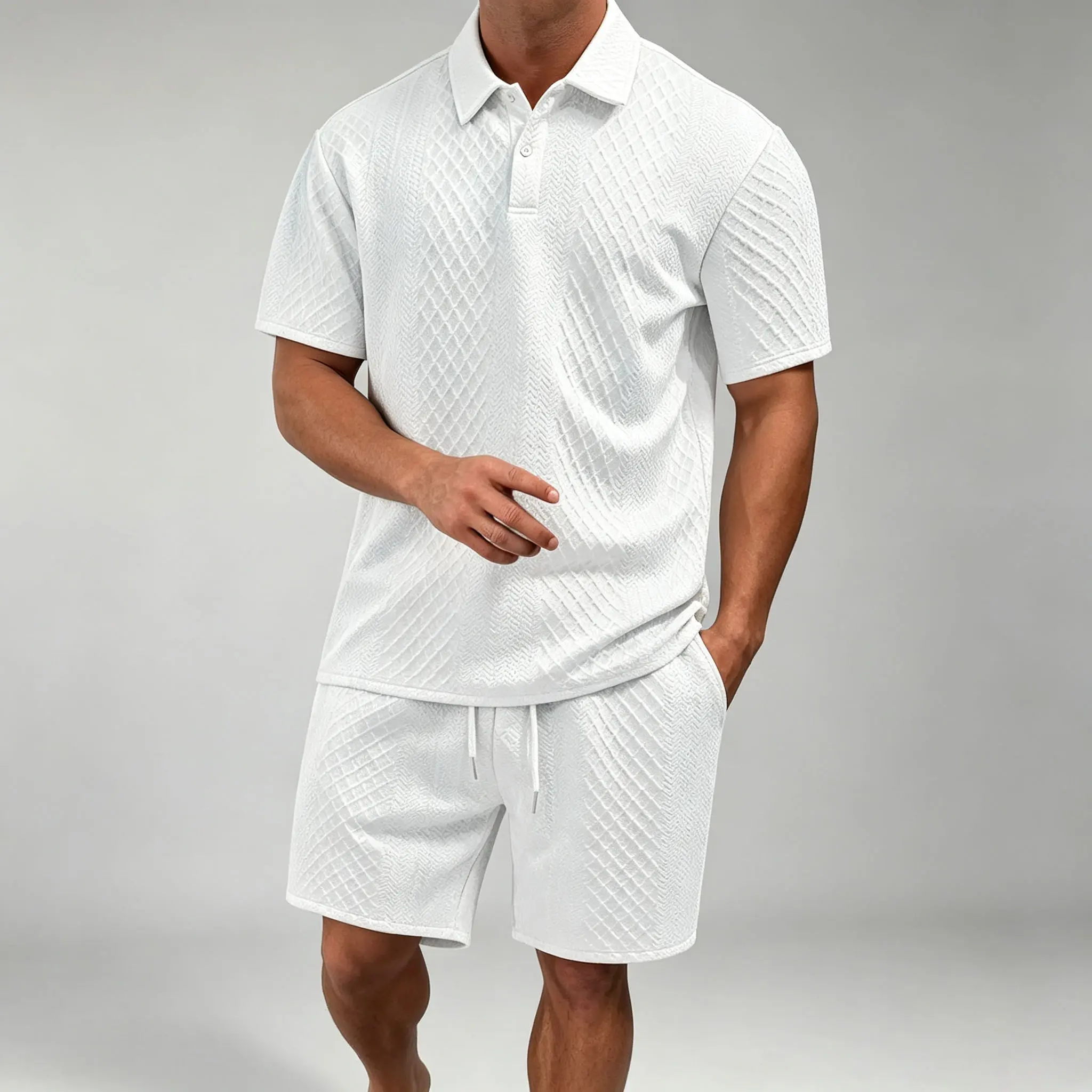 Men’s Summer Solid-Color 3D Texture Collared Polo Set - Loose Breathable Short-Sleeve Medium Top & Drawstring-Waist 5-Inch Shorts, Sporty Chic, Knitted, Button-Down, Minimalist, Loose Fit, Elastane, Machine Wash, for Everyday Outdoor Casual Wear, Knitting