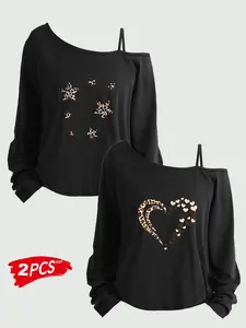 Women's Plus Size 2-Piece Set, Printed Long Sleeve & Short Tank Top, Asymmetrical Neckline, Loose Fit, All Seasons, Sizes 1-8xl