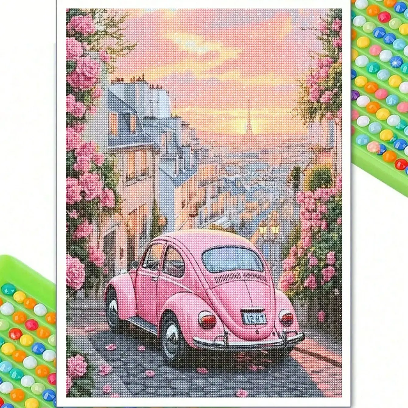 5d Diy French City Scenery Pink Car Full Round Diamond Painting Kit Diamond Pattern Design Mosaic Portrait Art Full Drill Diamonds Embroidery Craft,Living-Room Decor,Frameless, Handmade Gifts, Diy Kits