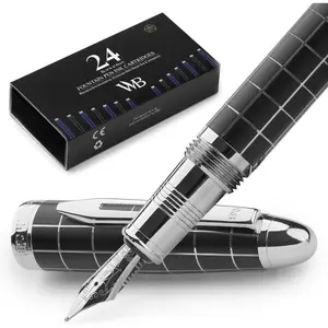 Majesti Fountain Pen Luxury Case Chrome Finish Iridium Medium Nib 24 Ink Cartridges Refillable Ink Converter Calligraphy Pen Best Business Gift Set for Men & Women