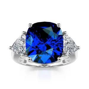 Jeulia Three Stone Sapphire Cushion Cut Sterling Silver Ring