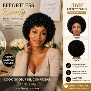 Short Curly Wigs Afro Bob Wig Kinky Curly Half Wig Easy Wear Go Glueless Human Hair Wig Invisible Hairline Beginner Friendly 10 Seconds Install Daily & Vacation Style for Black Women  Fluffy Natural Soft Hair (#1B Natural Black) dealsforyoudays