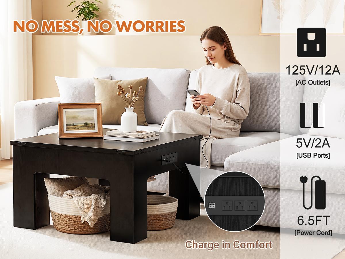 31.5" Square Coffee Table for Living Room, with Power Outlet and LED Lights, Modern Center Table with Sturdy Wooden Legs, Easy Assembly