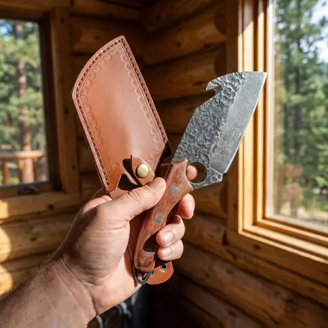 PM-Hand Forged High Carbon Steel Fixed Blade Knife, Straight & Curved Ergonomic Handle Multi-Purpose Chef Knife with Built-in Bottle Opener, Full Tang Camping BBQ Survival Utility Knife with Leather Sheath for Outdoor & Daily Use