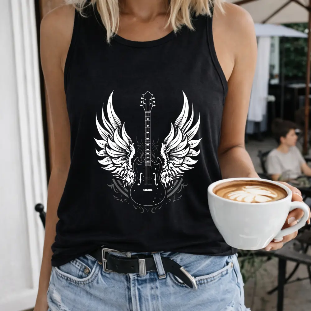 Guitar With Wings Design Women's T-Shirt Crew-neck Sleeveless Vest Outdoor Casual Short Sleeve