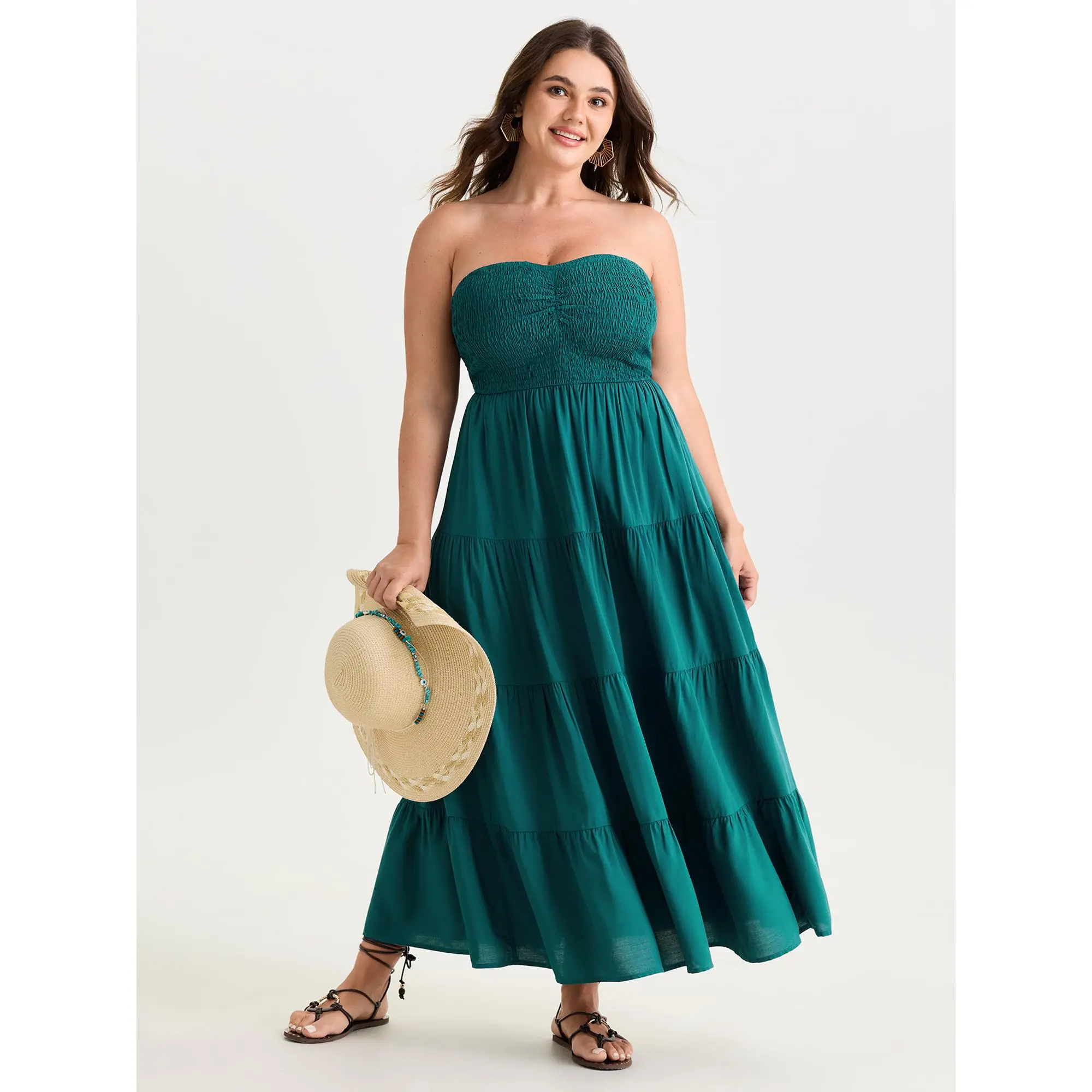 BLOOMCHIC Women's Plus Size Sleeveless Ruched Bodice Tiered Flowy Maxi Dress - Smooth Rayon Garment Fabric, Size M-6X, Summerfinds