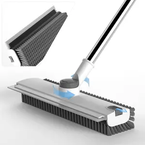 3 in 1 Scrub Brush with Long Handle, Shower Scrubber Floor Brush Broom Squeegee, 180° Rotating Stiff Bristle Cleaning Brush with Adjustable Handle, Silicone Squeegee for Tile, Bathtub, Wall, Patio, Garage, Kitchen Cleaning Supplies, Home Essential Gifts