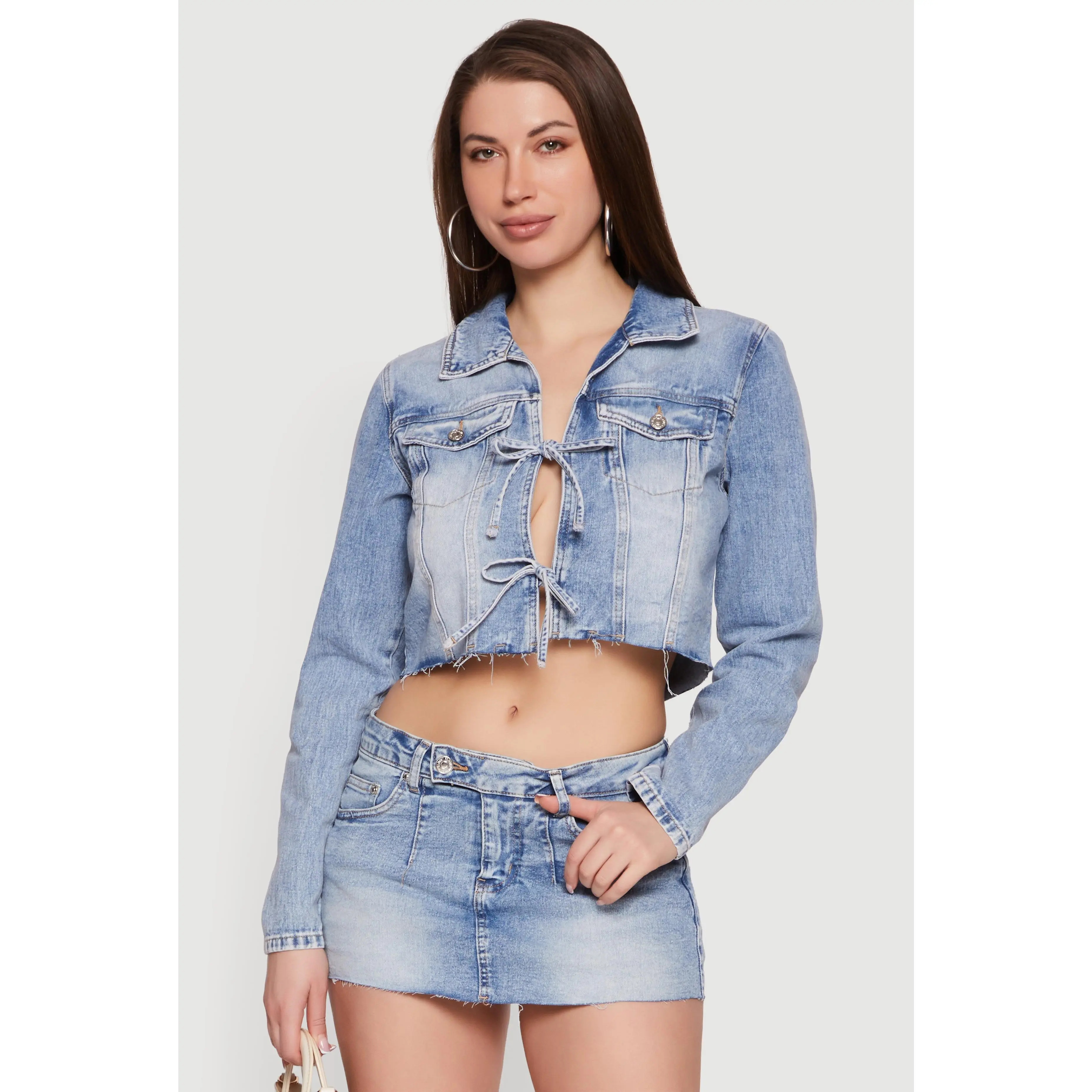 Almost Famous Double Tie Front Cropped Denim Jacket