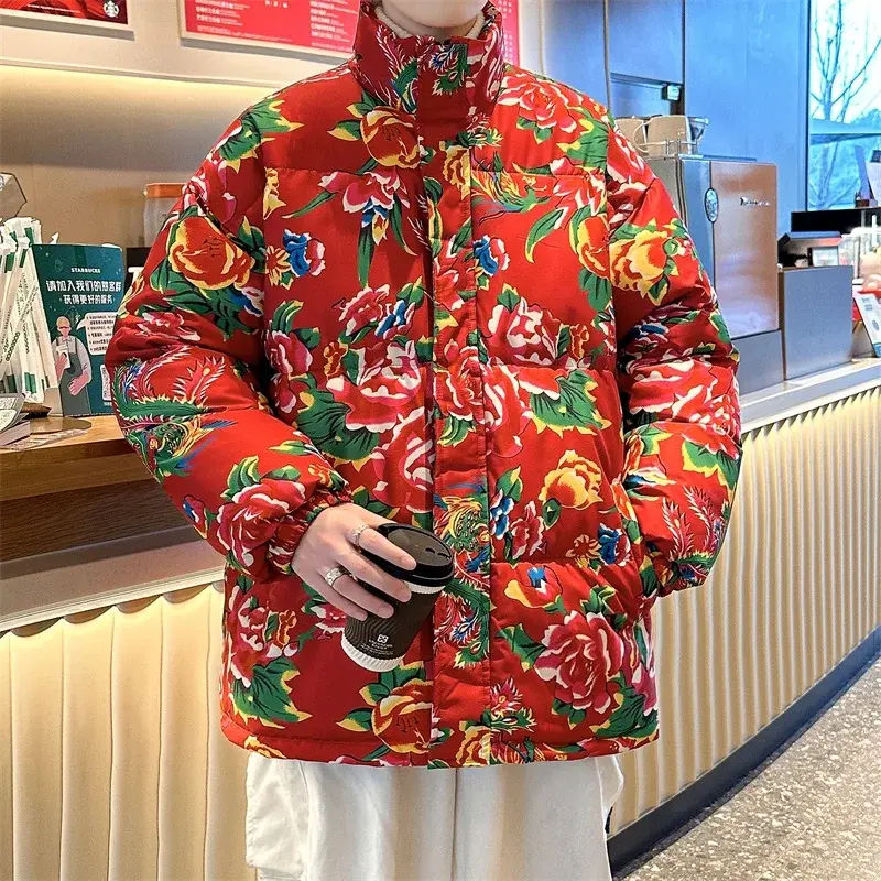 Men's Bold Floral Print Cotton Fabric Puffer Jacket - Casual Chinese-Style Thick Winter Top with Stand Collar, Zipper, Menswear Short Coat, Polyester, Sleeve, Collared Neck, Regular Cut, Clothe, 1Kg, Single Breasted, Down Jacket