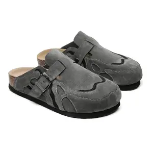 New fashionable men's sports slippers flat shoes bag head slippers leather splicing women's shoes cork sole one pedal slippers non-slip sole three colors optional