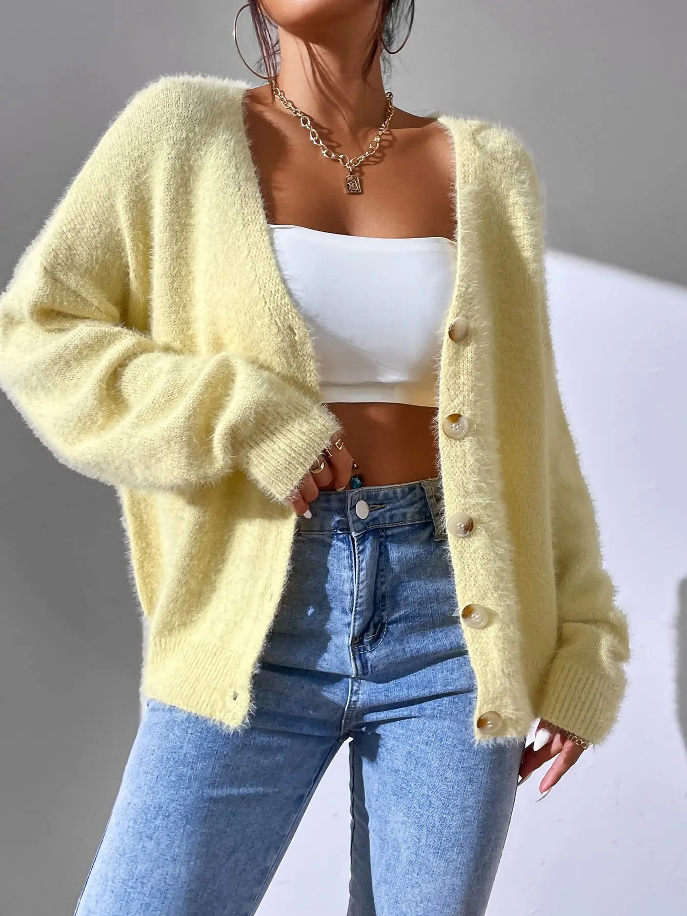 Womens Fluffy Knit Cardigan – Soft Fuzzy Button Down Sweater in Pastel Yellow, Cozy V-Neck Long Sleeve Loose Fit for Chic Layering, Cute Lightweight Pullover for Fall Winter, Streetwear Essential, Casual Lounge Knitwear for Stylish Everyday Looks
