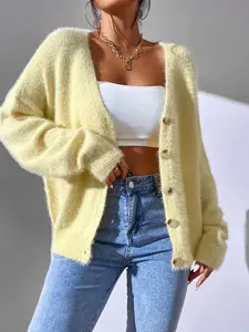 Womens Fluffy Knit Cardigan – Soft Fuzzy Button Down Sweater in Pastel Yellow, Cozy V-Neck Long Sleeve Loose Fit for Chic Layering, Cute Lightweight Pullover for Fall Winter, Streetwear Essential, Casual Lounge Knitwear for Stylish Everyday Looks