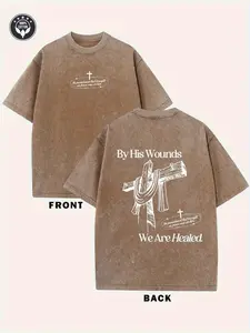 Mens Graphic Tee By His Wounds Christian Faith Print Vintage Washed Double Sided Design Casual T Shirt Streetwear Style Crewneck Short Sleeve Soft Cotton Breathable Loose Fit Summer Daily Wear Religious Gift Trendy Aesthetic Top