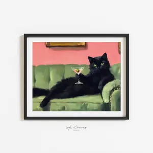 Retro Black Cat Martini Wall Art, Bar Cart Decor, Cocktail Art, Bar Decor, Vintage Oil Painting, Black Cat Print, Eclectic Wall Art, Cute Cat Art, Room Decor, Unframed