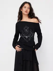 Cider Cotton-blend Abstract Graphic Asymmetrical Neck Long Sleeve Tie Side Oversized Tee