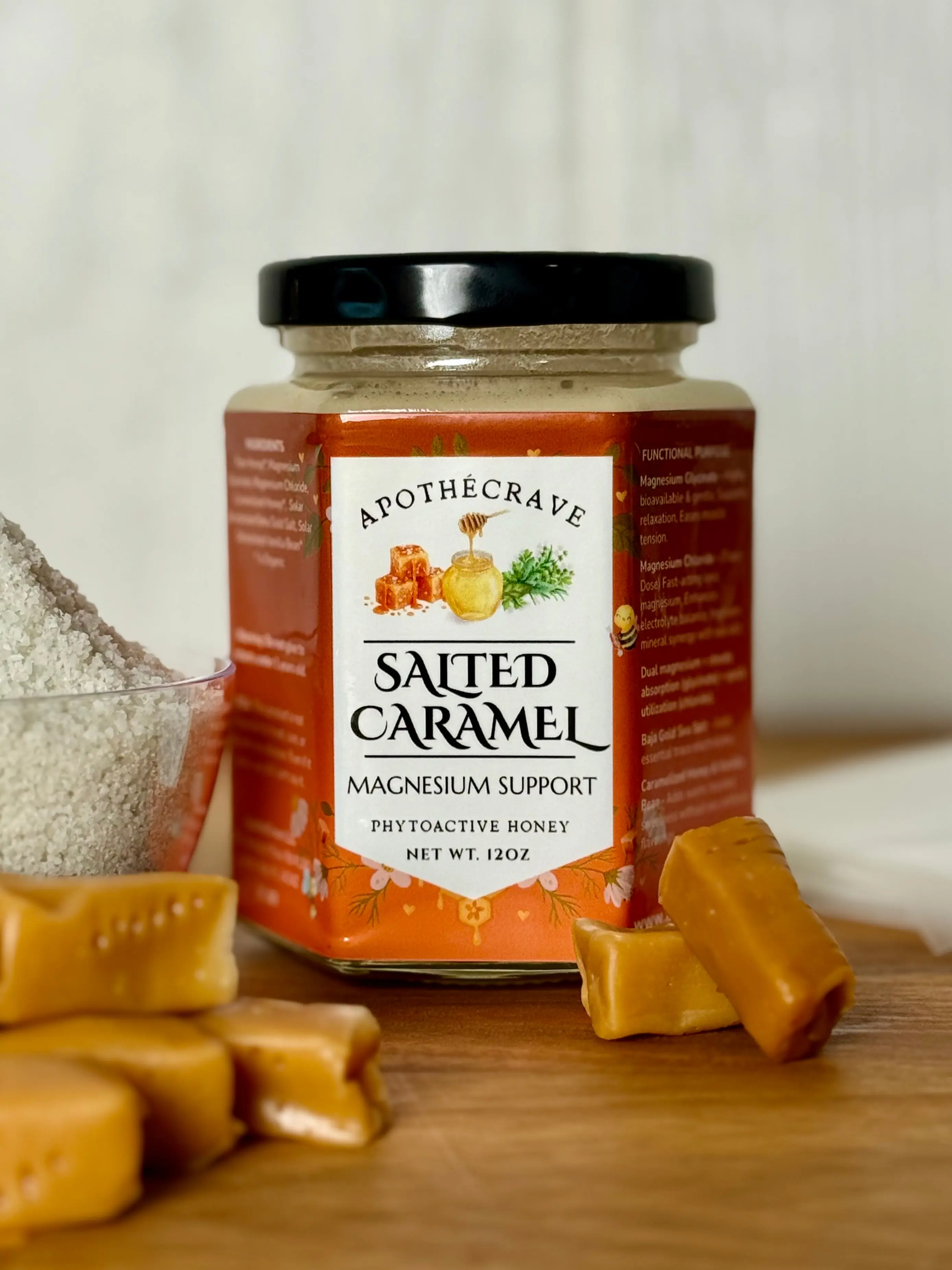 ApotheCrave Salted Caramel Flavor Raw Unfiltered Natural Honey - Sweet Ambient Magnesium Support, Relaxation, Muscle Ease, Electrolyte Balance - No Artificial Flavors Dessert-Inspired Comfort, Raw Unfiltered Honey