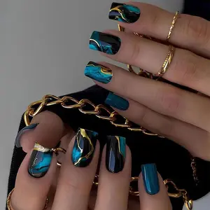 24pcs Short Square Press-On Nails, Peacock Blue Marble Pattern, Blue Golden Gradient False Nails, Includes Jelly Glue & File, Diy Nails Art