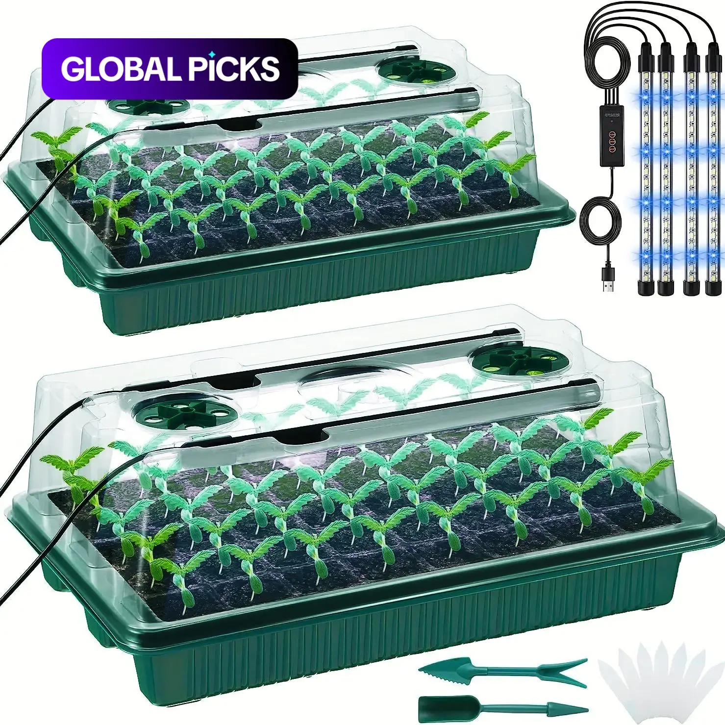 2-Pack Seedling Starter Trays, Seed Germination Tray with LED Grow Lights, Planting Trays for Greenhouse and Home Garden Plant Germination, Ideal Gift for Gardeners, Garden Plant Supplies #GLOBAL PICKS