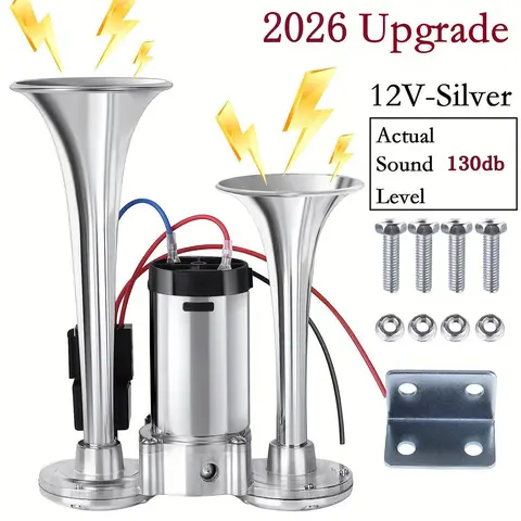 2026 Upgraded 12V 130DB High-Power Dual Air Car Horn Kit with Compressor - Easy-Install Auto Accessory, 130DB Alarm for Trucks, Multi-Vehicle Exterior Vehicle Accessory (SilverBlack)
