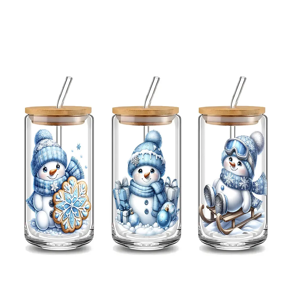 Cute Christmas Snowman Design 16oz Glass Can Cup with Lid and Straw, Reusable Glass Drinking Cup, High-Quality Glass Jar for Iced Coffee, Beer, Juice, Milk, Cold Drinks, Fashionable Glassware, Perfect Gift for Sports Fans, Coffee Lovers, Mom, Family