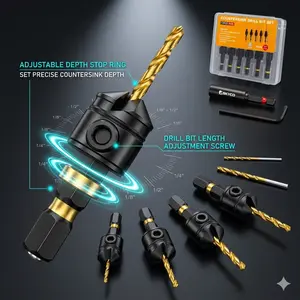 Countersink Drill Bit Set, 12 PCS Tapered Wood Drill Bits Adjustable, 1/4" Hex Shank Countersink Drill Bits w/Storage Box for Woodworking