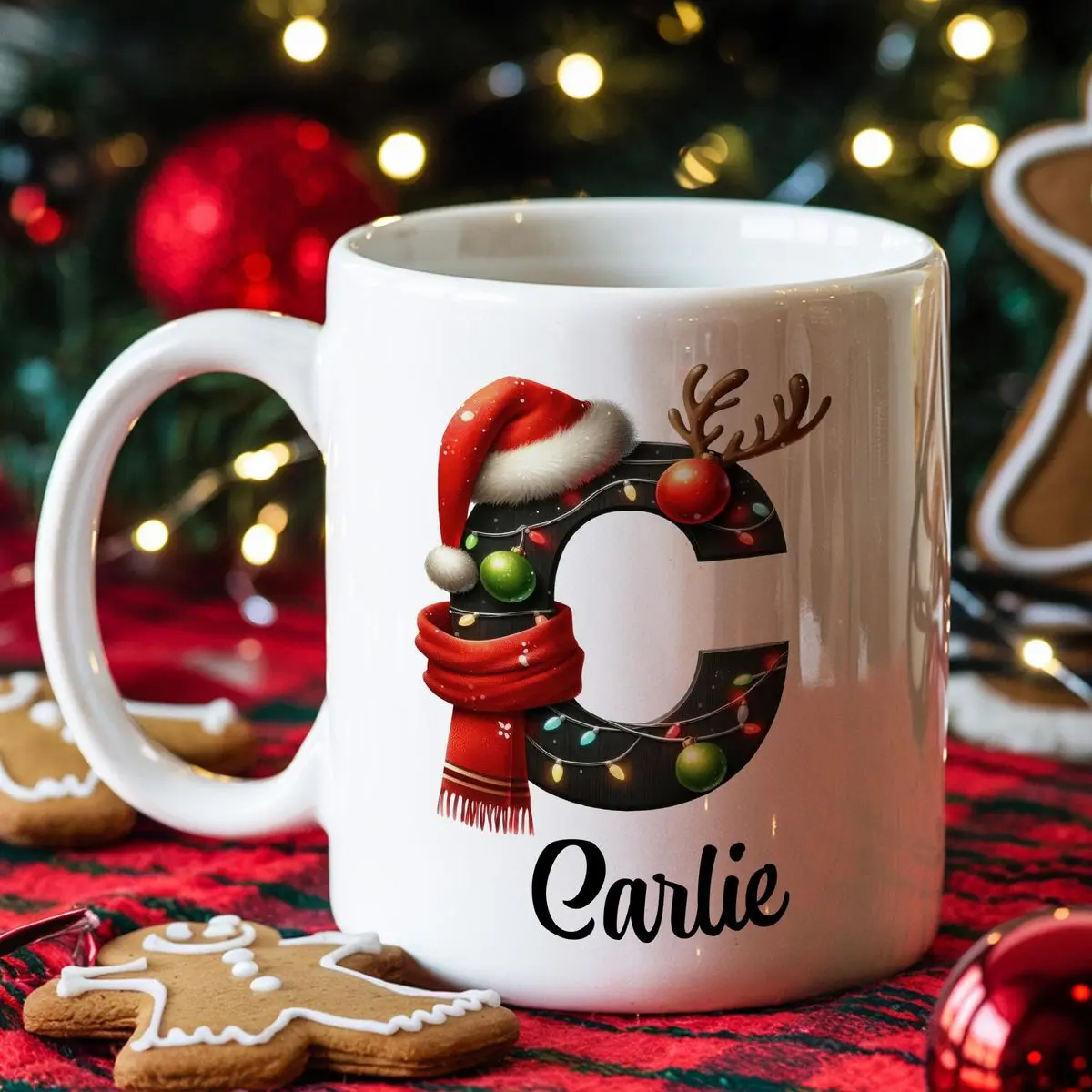 Personalized Christmas Mug, Monogram Letter Coffee Cup, Custom Name Holiday Gift, Xmas Exchange Gift, Secret Santa Presents For Friend, Family, 11 15oz Ceramic Cup