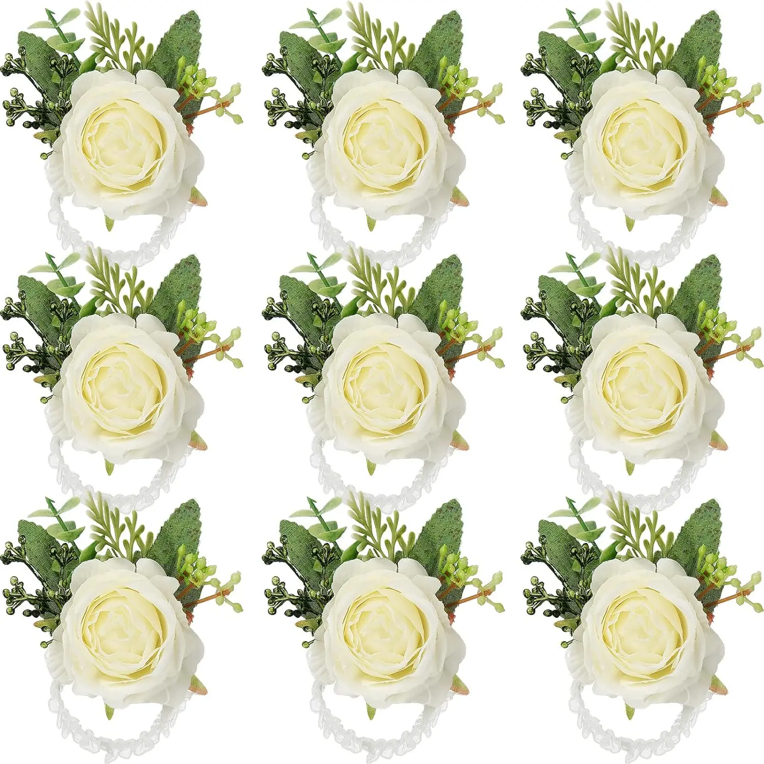 12 Pcs Ivory Elegant Plastic Artificial Flower Wrist Corsages - 3.3x5.1" Size, Elastic Fit, Decorative Bohemian Wedding Photo Props, Festive Home & Party Supplies for Bride