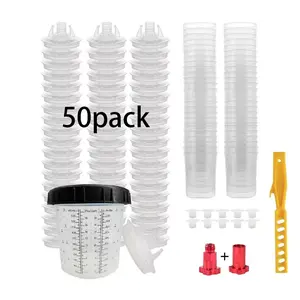 Disposable Paint Spray Gun Cup System 50 Pack, 190μm Filter, Reusable Hard Cup, 360° Spray, Mix & Paint Design for Auto Body & Furniture Refinishing