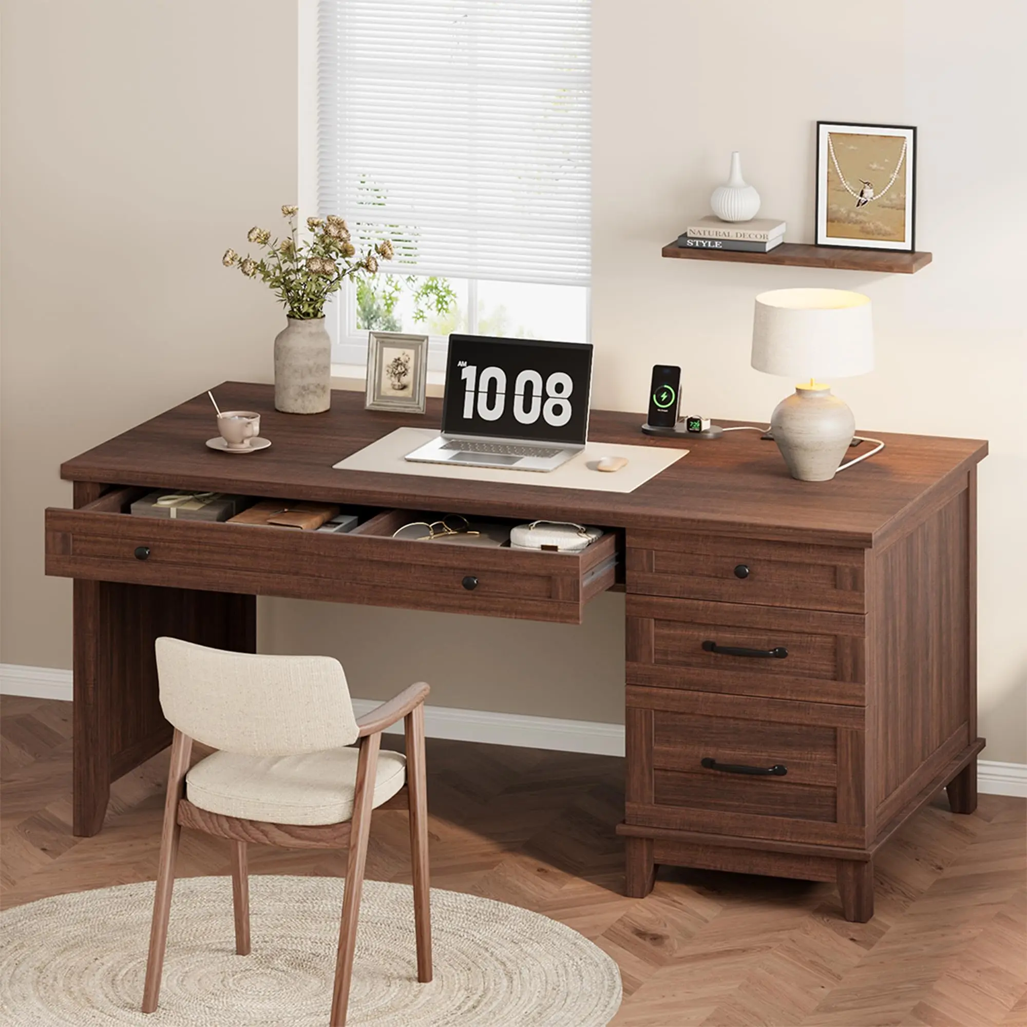 Rustic Wood Executive Desk for Home Office, Integrated Power Outlets and Adjustable Storage, Spacious Writing Table with Drawers