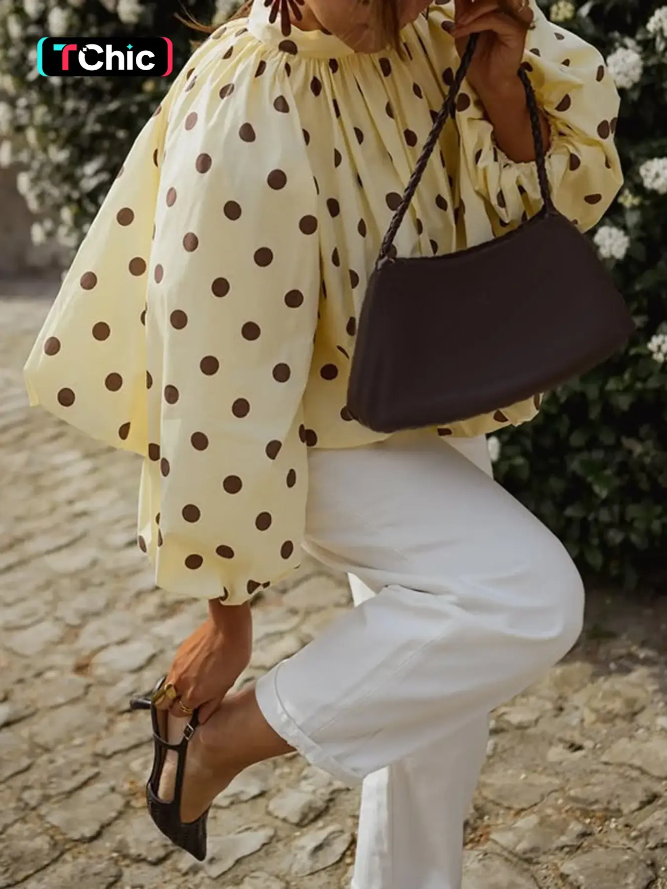 Women's Elegant Casual Polka Dot Blouse Top Shirts - Tie Collar, Lantern Sleeves, Loose Fit, Ruffle Design Vacation Spring