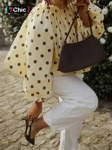 Women's Elegant Casual Polka Dot Blouse - Tie Collar, Lantern Sleeves, Loose Fit, Ruffle Design Vacation Spring