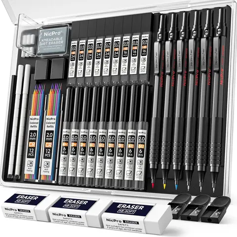 Nicpro 35-Pack Full-Metal Mechanical Drawing Pencils Assortment Kit with Case, 0.5/0.7/0.9mm Round Precise Tip Pencils, 3-Pack 2mm Graphite Lead Holders, 20 Tube Refills (6B/4B/2B/HB/2H/4H) for School & Office Stationery