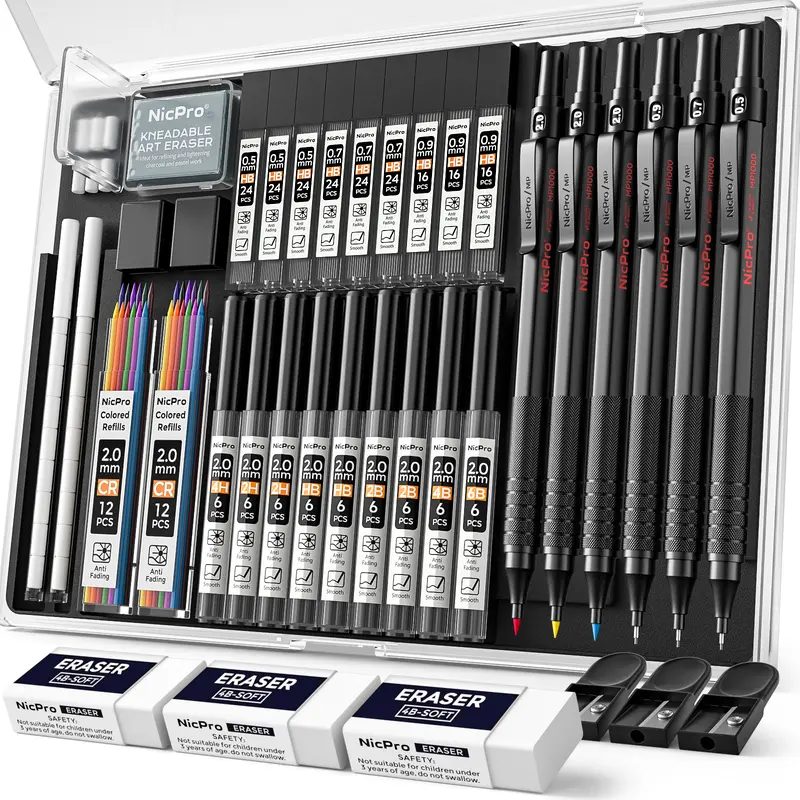 Nicpro 35-Pack Full-Metal Mechanical Drawing Pencils Assortment Kit with Case, 0.5/0.7/0.9mm Round Precise Tip Pencils, 3-Pack 2mm Graphite Lead Holders, 20 Tube Refills (6B/4B/2B/HB/2H/4H) for School & Office Stationery