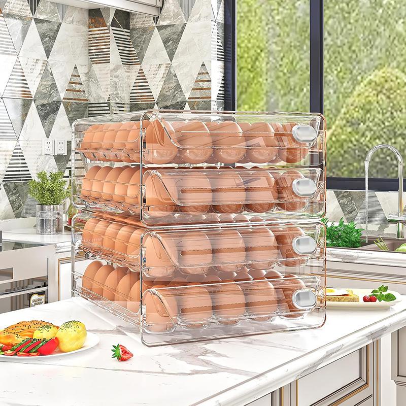 Large Stackable Egg Storage Box for Fridge & Kitchen, 60 Egg Capacity with Freshness Timer, Transparent Anti-Roll Egg Organizer