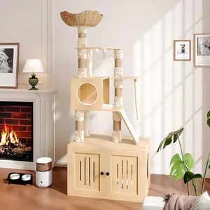 Tall Cat Tree with Litter Box Enclosure, 66.9” Multi-Level Cat Condo Tower, Sturdy Cat House with Perches, Hammock & Scratching Posts for Indoor Cats, Large Modern Cat Furniture