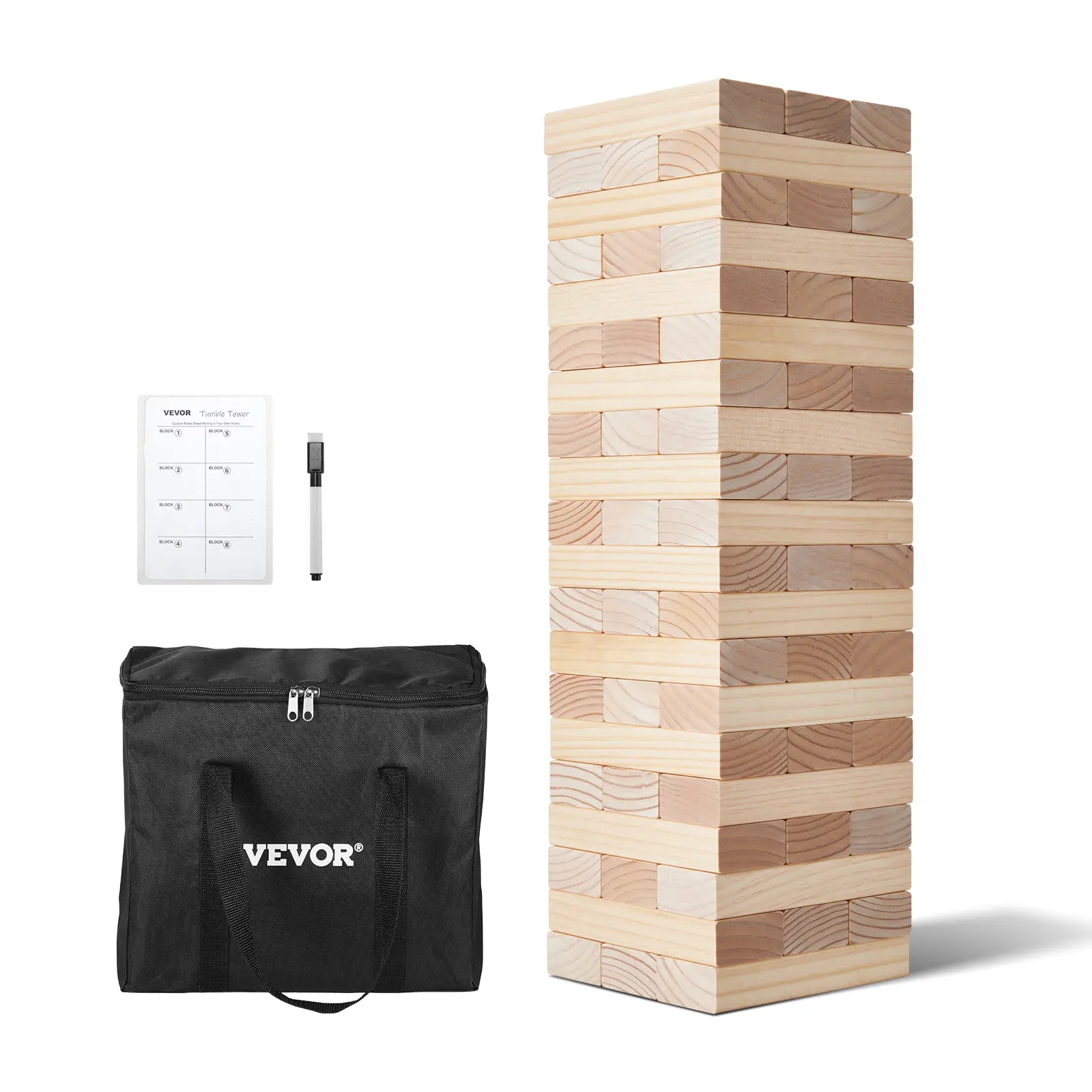 【summerfinds】VEVOR Tumbling Timber Toy, 60 Blocks Giant Tumble Tower Blocks Game, Pine Wood Tumbling Tower Game with Carry Bag and Scoreboard, Wooden Stacking Game, Tumble Tower Family Games for Indoor/Outdoor