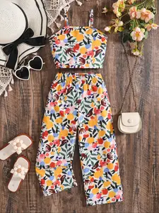 Toddler Girl's All Over Print Crop Tank Top & Pants Two-Piece Set, Casual Sleeveless Top & Trousers for Summer, Kids Clothes for Daily Wear, Fashion Clothes Set