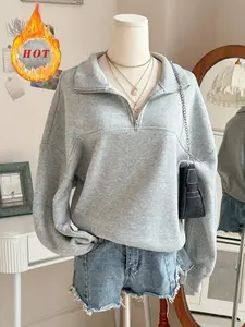 Cozy, Loose Oversized Half-Zip Fleece Sweatshirt, Trendy Drop Shoulder Pullover for Fall Winter Casual Outfits, Soft Warm Thermal Top with Elastic Cuffs, Perfect for Daily Wear, Streetwear Looks, Loungewear Sessions
