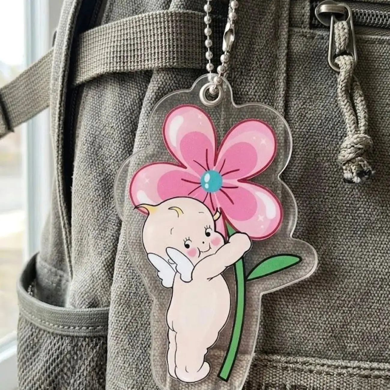 Kewpie Flower Acrylic Keychain, Pink Floral Bag Charm, Kawaii Angel Keyring