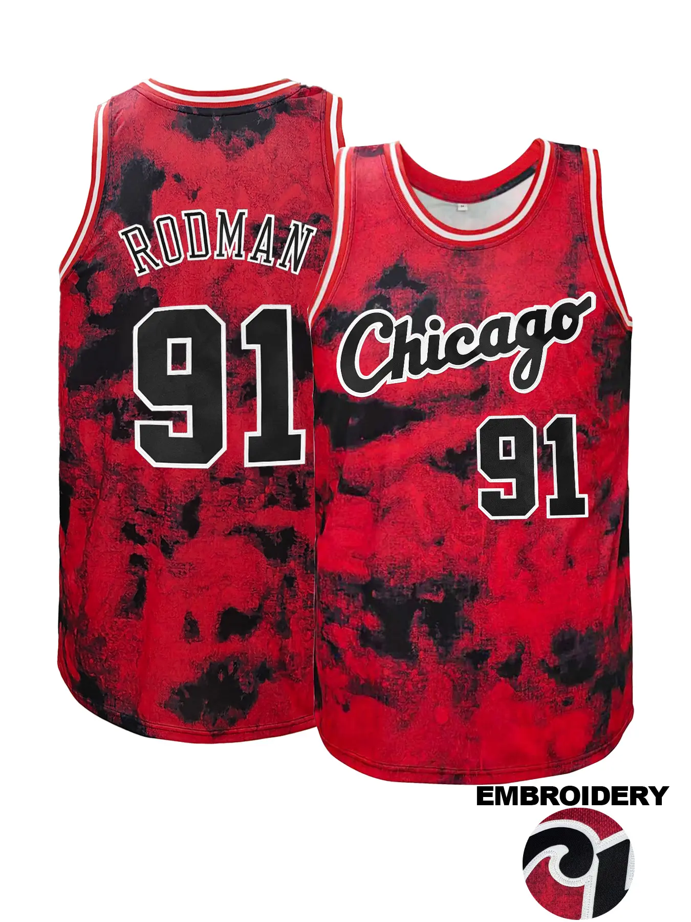 New Fashion Men Women Chicago 91 Embroidered Vest, Tie Dyed Fabric,Loose Fit Sleeveless Basketball Jersey Top, Sports Tops, Casual Outdoor Sports Wear, Unisex All Season Summer Basketball Wear