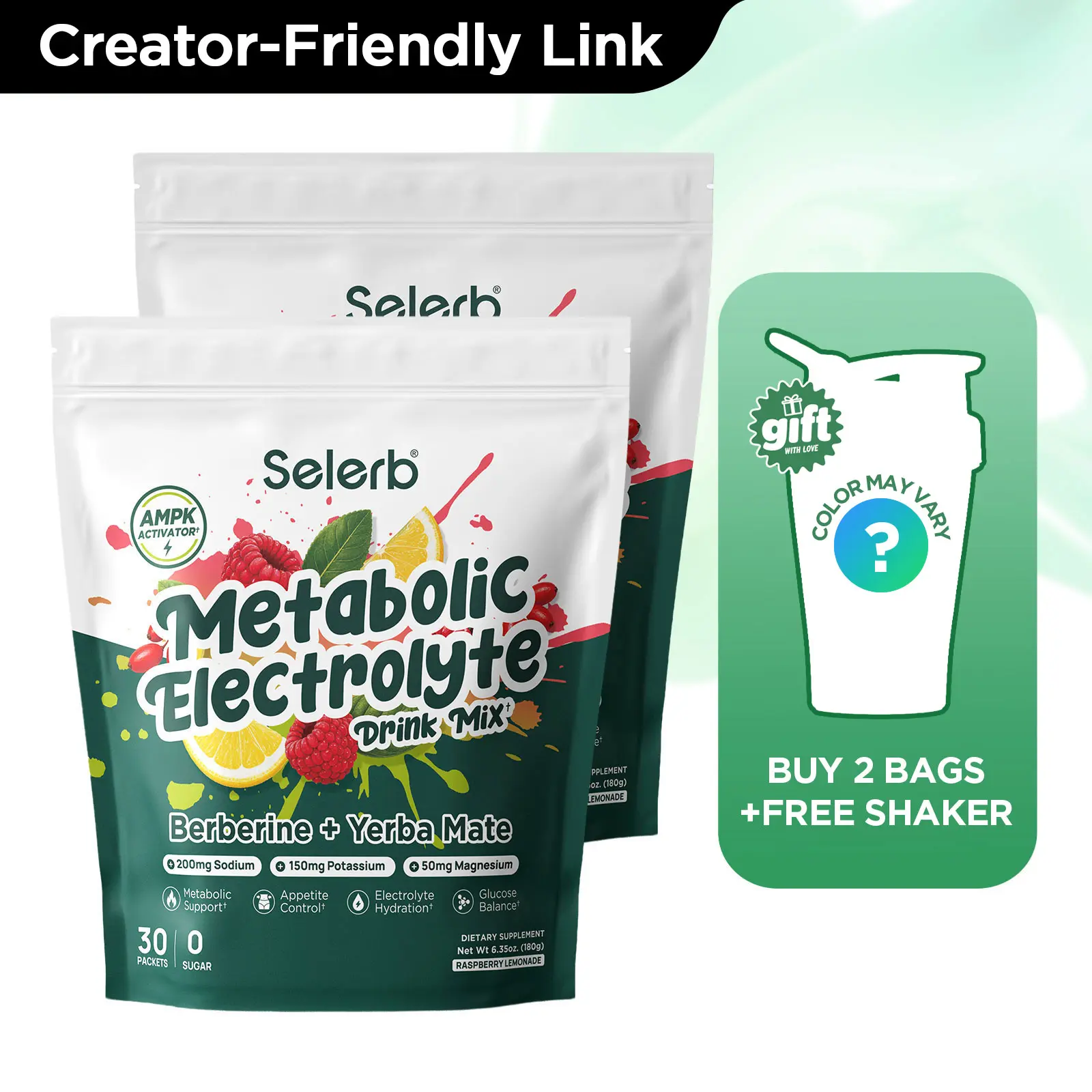 [Buy 2 Get 1 Gift Free ]Selerb Metabolic Electrolyte Packets, Daily Support Suger Free with Berberine,Yerba Mate, Green Tea, Cinnamon, ACV, Ashwagandha, Bitter Melon, Inulin-30 Packets Raspberry Lemonade Flavor,Buy 2 Get 1 Shaker Bottle Free